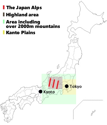 geographical map of japan mountains